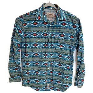 Rafter C Shirt Mens Large Blue Aztec‎ Western Pearl Snap ProFlex 45 Performance